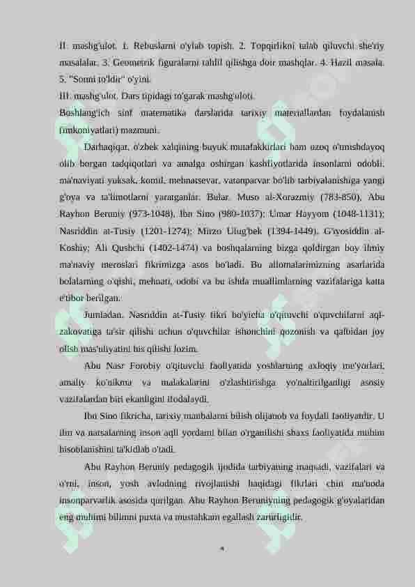 BOSHLANG'ICH SINFLARDA MATEMATIKADAN DARSDAN (SINFDAN VA MAKTABDAN) TASHQARI MASHG'ULOTLARINI TASHKIL ETISH 4