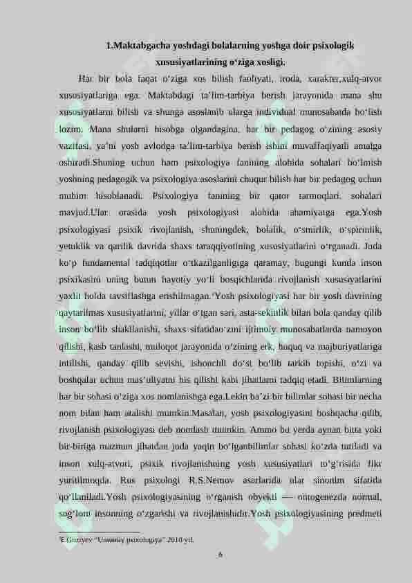 Maktabgacha yoshdagi bolalarning yoshga doir pedagogik va psixologik xususiyatlari va ularning bola sog‘lom rivojlanishidagi ahamiyati. 6