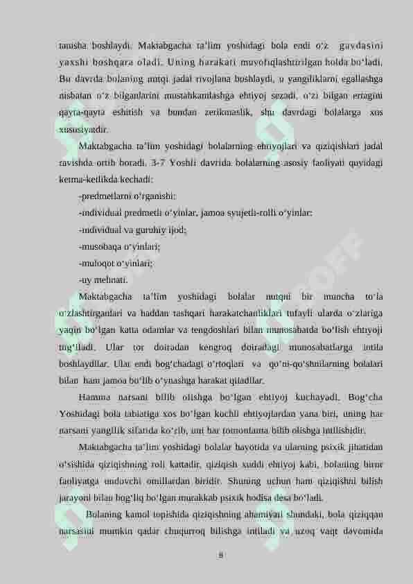 Maktabgacha yoshdagi bolalarning yoshga doir pedagogik va psixologik xususiyatlari va ularning bola sog‘lom rivojlanishidagi ahamiyati. 8