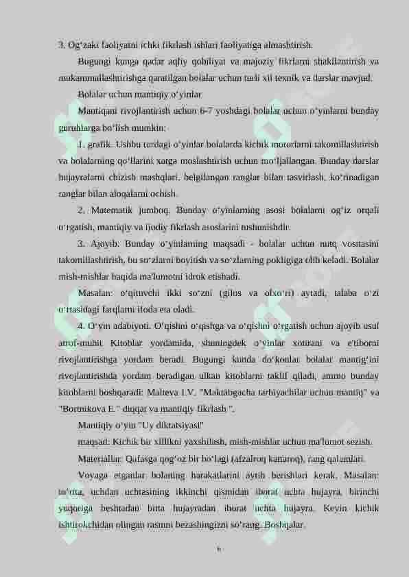 Mantiqiy o‘yinlar va  topshiriqlar  ta’lim  yoshidagi bolalarni matematik ruvojlantirish omili sifatida. 6