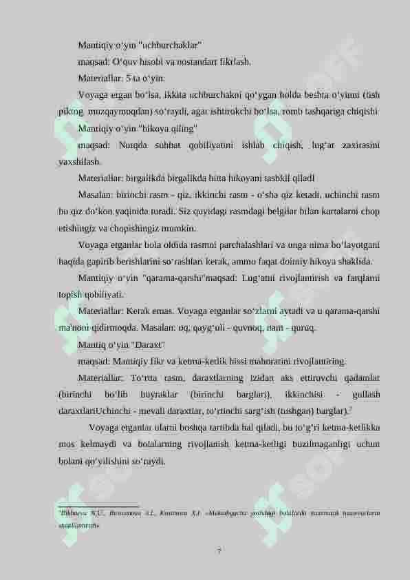 Mantiqiy o‘yinlar va  topshiriqlar  ta’lim  yoshidagi bolalarni matematik ruvojlantirish omili sifatida. 7