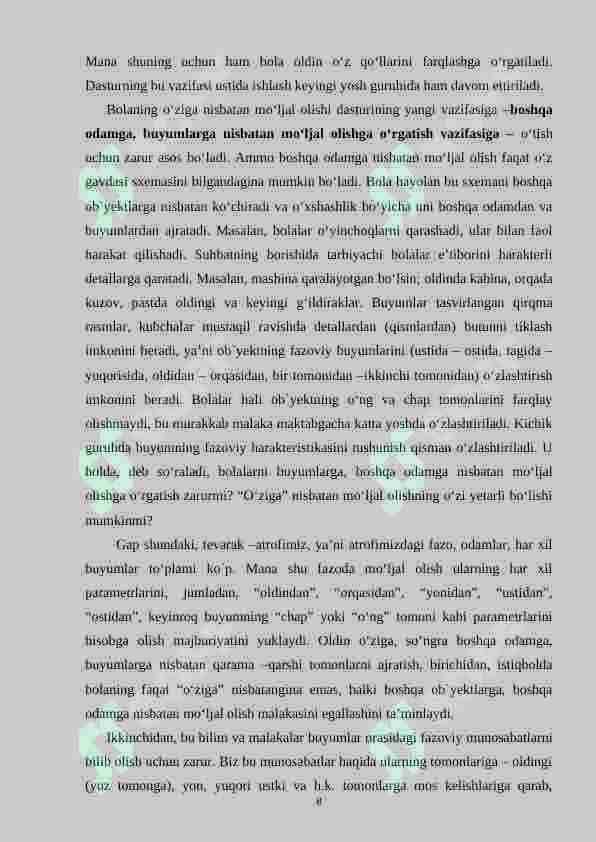 Fazoda mo‘ljalga olishni shakllantirish vazifalari o‘ziga nisbatan tinch va harakat holatidagi asosiy yo‘nalishlarni farqlash 8