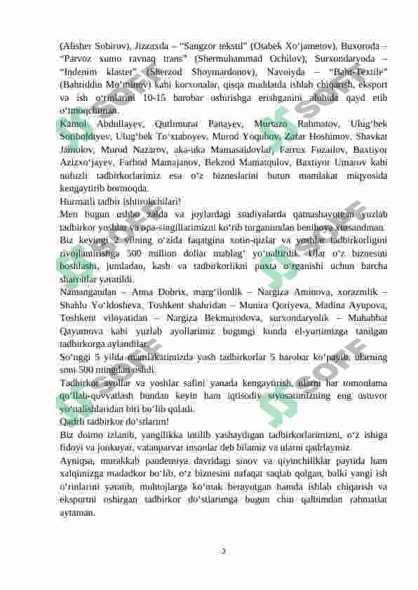 O‘zbekiston Respublikasi Prezidenti Shavkat Mirziyoyevning mamlakatimiz tadbirkorlari bilan ochiq muloqot shaklidagi uchrashuvda so‘zlagan nutqi 3