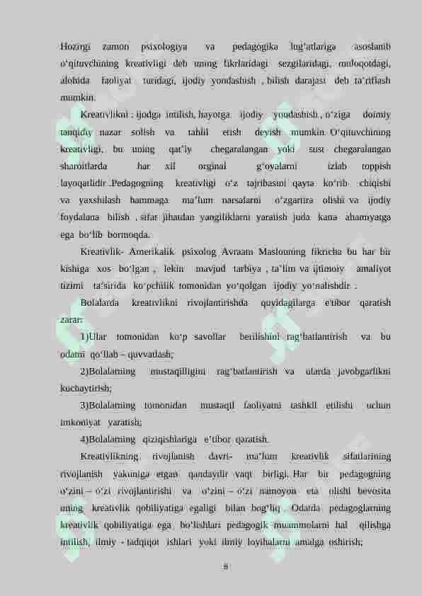 Bo‘lajak maktabgacha   ta’lim  pedagoglarini  kreativ qobiliyatlarini rivojlantirish  mazmuni 8