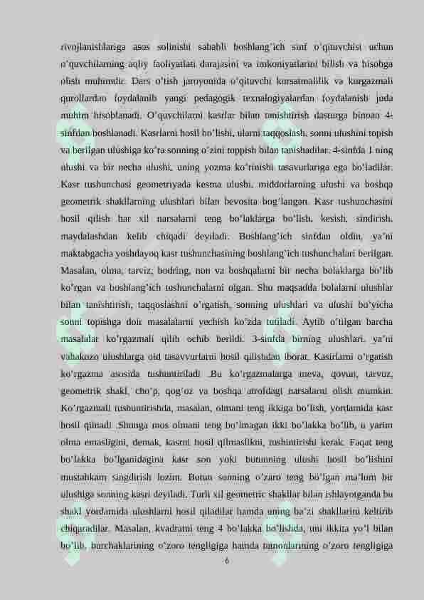 Boshlang'ich sinf o'quvchilarini kasr tushunchasi bilan tanishtirish 6