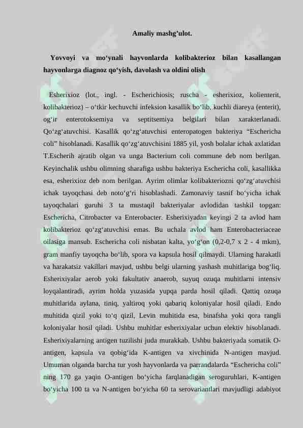 Yovvoyi va mo‘ynali hayvonlarda kolibakterioz bilan kasallangan hayvonlarga diagnoz qo‘yish, davolash va oldini olish