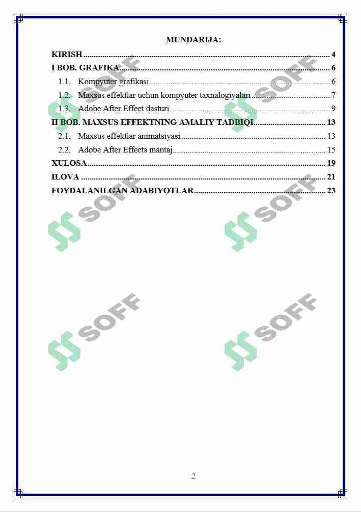 Tayyor ishlanma | "Maxsus effectlar uchun kompyuter texnologiyalari" mavzusida individual loyiha | kurs ishi 2
