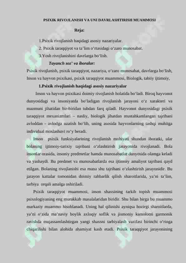 PSIXIK RIVOJLANISH VA UNI DAVRLASHTIRISH MUAMMOSI