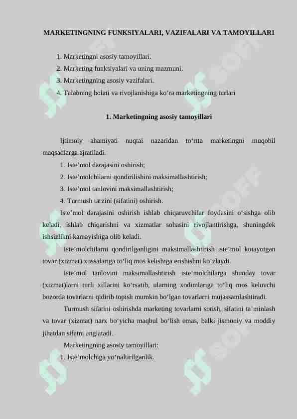 MARKETINGNING FUNKSIYALARI, VAZIFALARI VA TAMOYILLARI