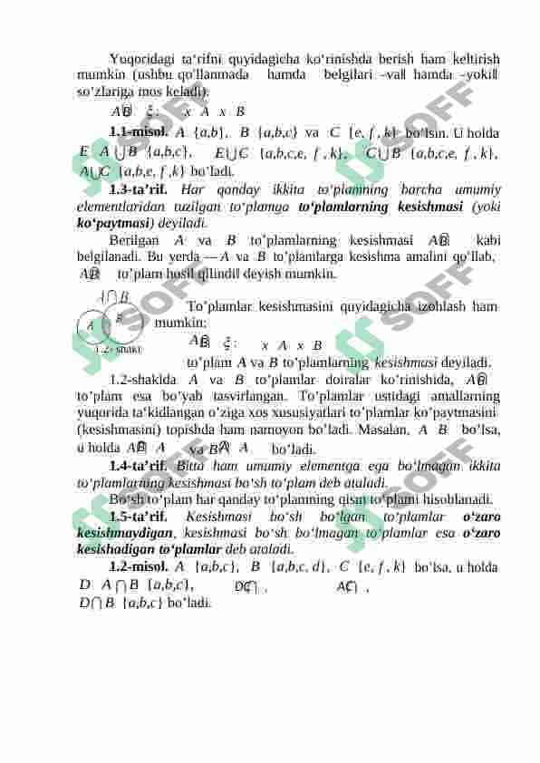 TO'PLAMLAR USTIDA AMALLAR VA ULARNING XOSSALARI. ISBOTLARI BILAN. EYLER-VENN DIAGRAMMASI 6