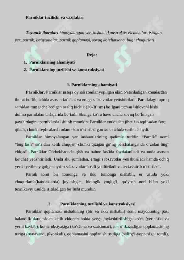 Parniklar tuzilishi va vazifalari