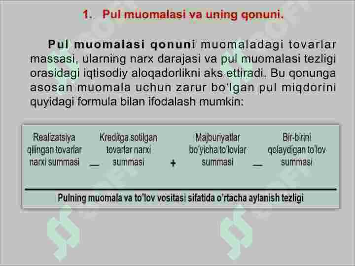 Pul muomalasini tashkil qilish va pul massasi. Pul tizimi tushunchasi, shakllari va elementlari 5