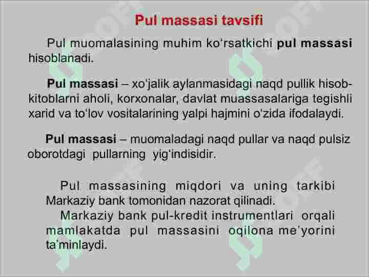 Pul muomalasini tashkil qilish va pul massasi. Pul tizimi tushunchasi, shakllari va elementlari 6