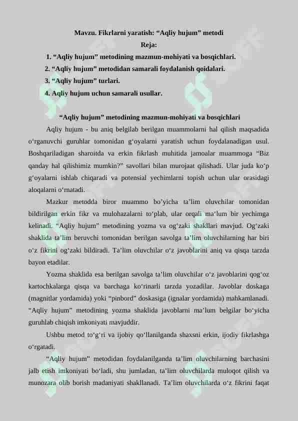 Fikrlarni yaratish: “Aqliy hujum” metodi