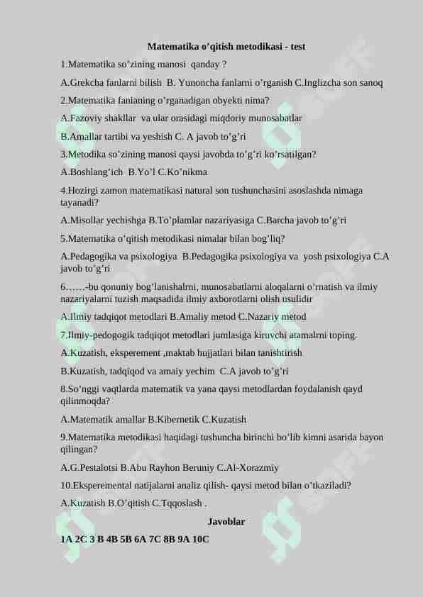 Matematika o’qitish metodikasi - test
