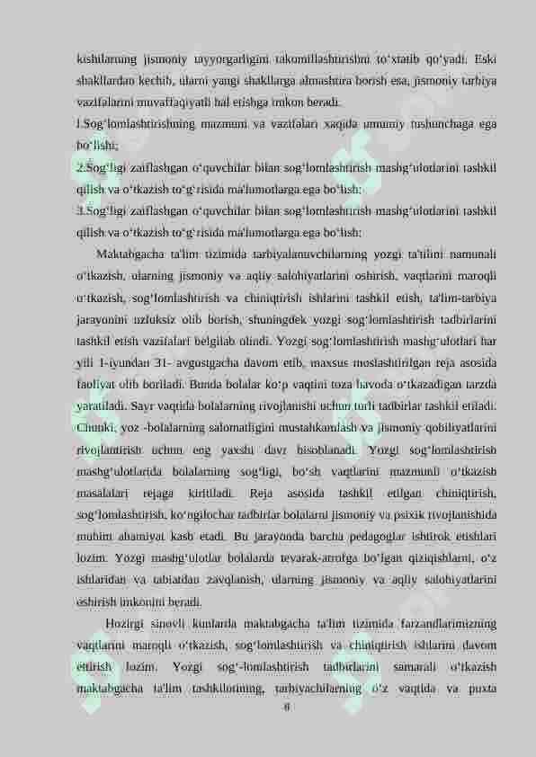 Maktabgacha ta'lim tashkilotlarida sog‘lomlashtirish tadbirlarini tashkil qilish. Sport musobaqalarini o‘tkazishning ahamiyati. 8