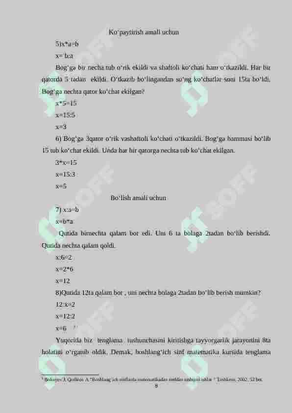 Tenglama tuzib yechiladigan masalalarni yechishga o‘rgatish metodikasi 8