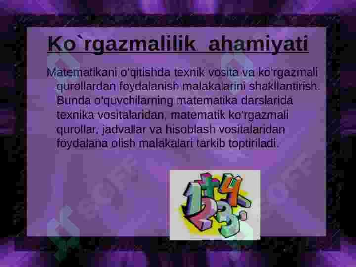 Turli metodik qo‘llanmalar,ko‘rgazmalar va ulardan foydalanish.O‘qitish  vositalardan ijodiy foydalanish va  yasaladigan ko‘rgazmali ko‘rsatmalar 2