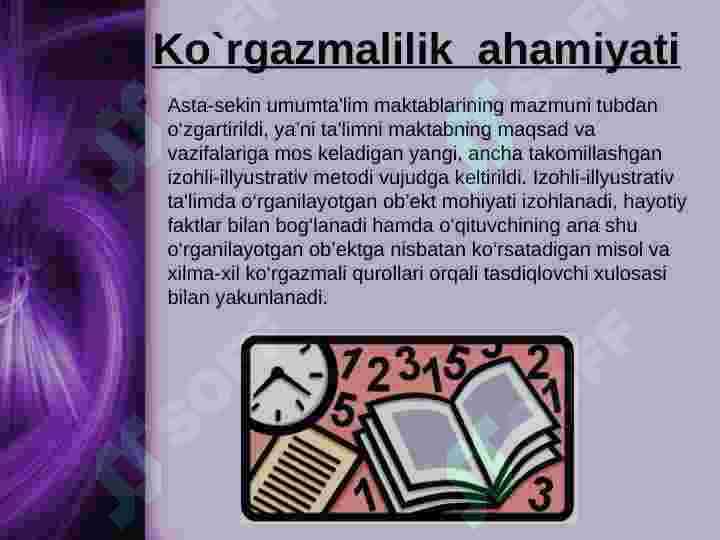 Turli metodik qo‘llanmalar,ko‘rgazmalar va ulardan foydalanish.O‘qitish  vositalardan ijodiy foydalanish va  yasaladigan ko‘rgazmali ko‘rsatmalar 3
