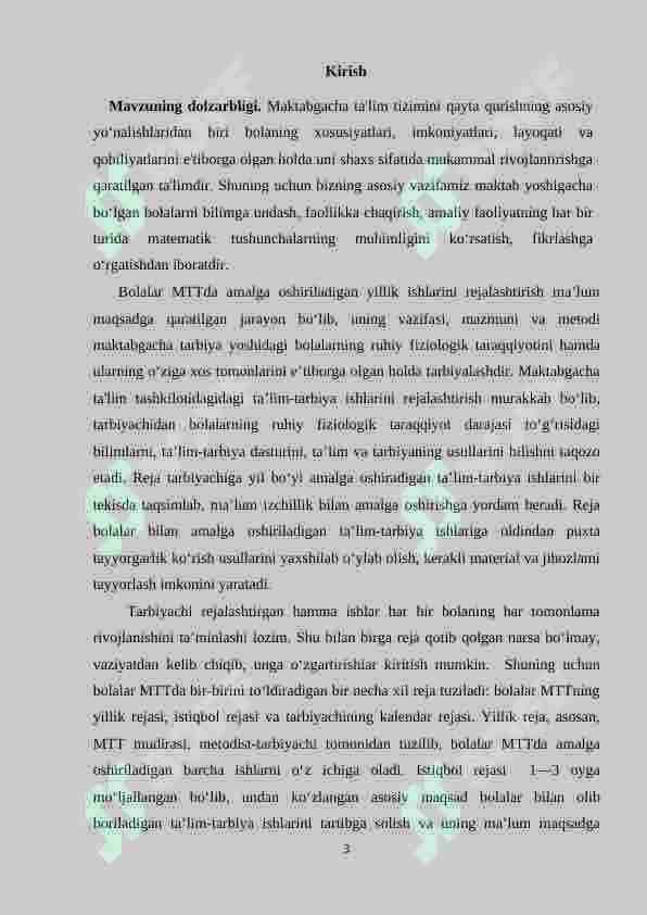 Maktabgacha ta’lim tashkilotining yillik ish rejasining mazmun-mohiyati, maqsad va vazifalari. 3
