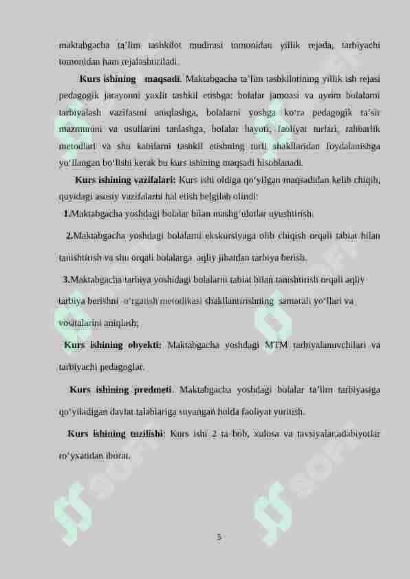 Maktabgacha ta’lim tashkilotining yillik ish rejasining mazmun-mohiyati, maqsad va vazifalari. 5