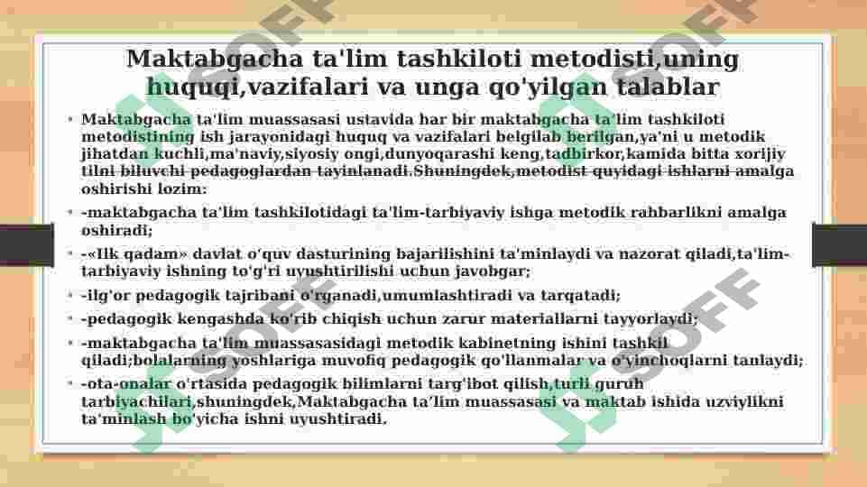 Maktabgacha ta’lim metodisti va uni pedagogic jarayonlarni tashkil etishdagi o’rni 2