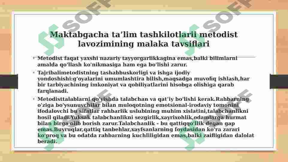 Maktabgacha ta’lim metodisti va uni pedagogic jarayonlarni tashkil etishdagi o’rni 3