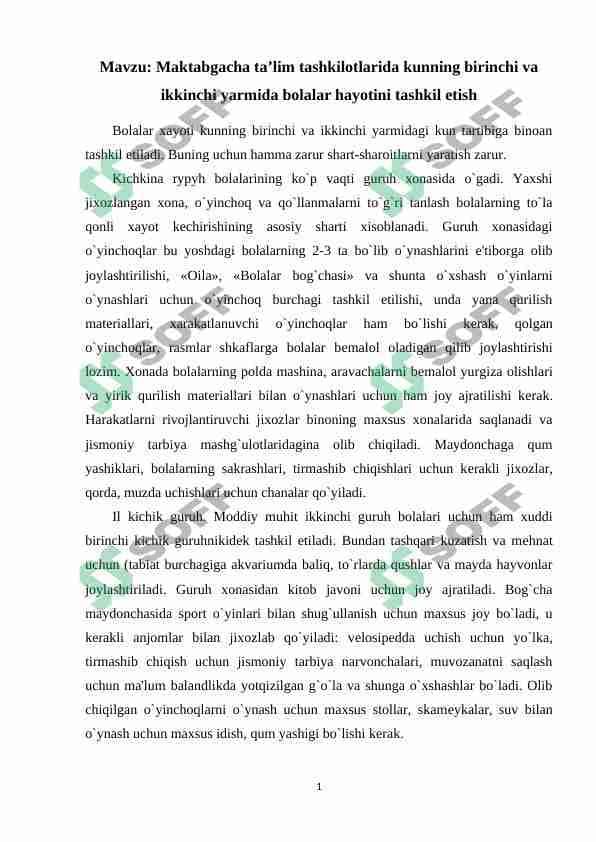 Maktabgacha ta’lim tashkilotlarida kunning birinchi va ikkinchi yarmida bolalar hayotini tashkil etish