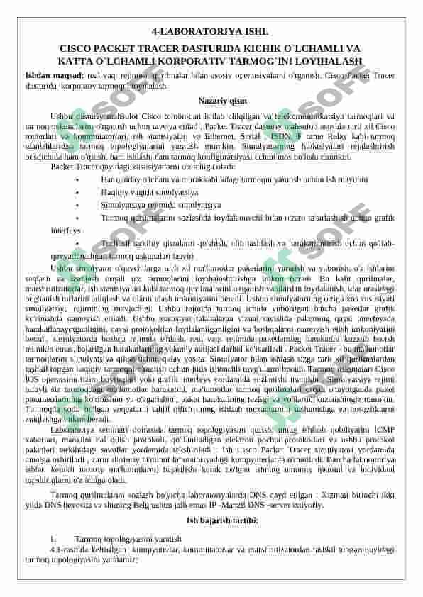 CISCO PACKET TRACER DASTURIDA KICHIK O`LCHAMLI VA  KATTA O`LCHAMLI KORPORATIV TARMOG`INI LOYIHALASH 2