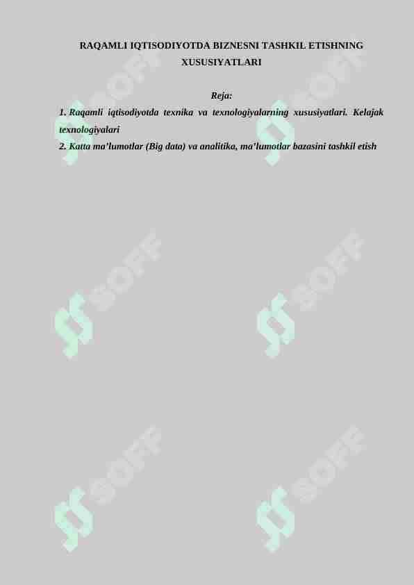 RAQAMLI IQTISODIYOTDA BIZNESNI TASHKIL ETISHNING XUSUSIYATLARI