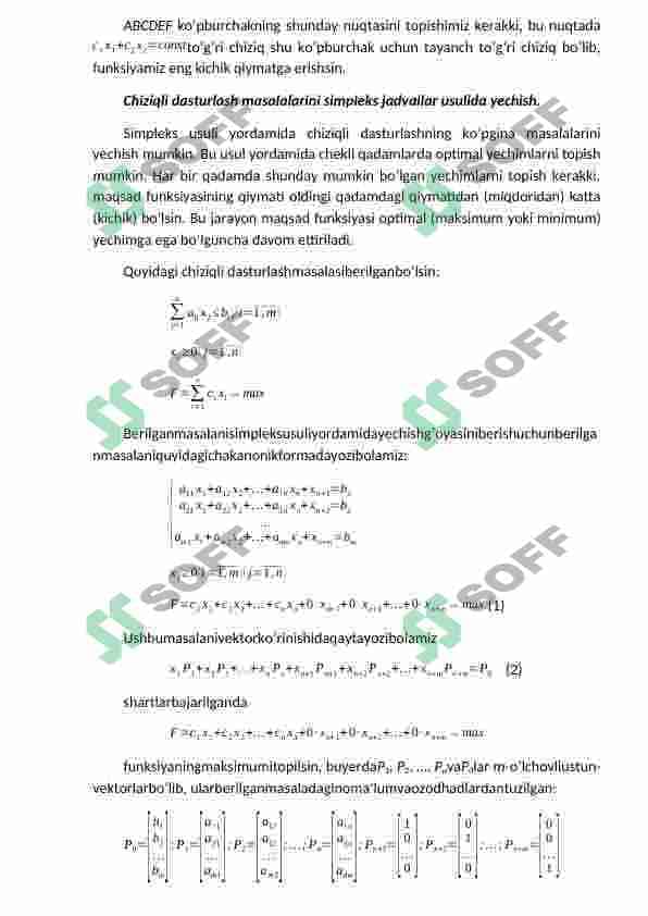 Chiziqli dasturlash masalalarining matematik modellari va chiziqli dasturlash masalalarini grafik usulida yechish. Chiziqli dasturlash masalalarini simpleks jadvallar usulida yechish. 3