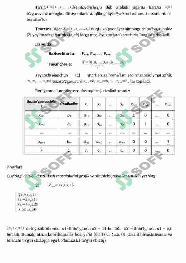 Chiziqli dasturlash masalalarining matematik modellari va chiziqli dasturlash masalalarini grafik usulida yechish. Chiziqli dasturlash masalalarini simpleks jadvallar usulida yechish. 4
