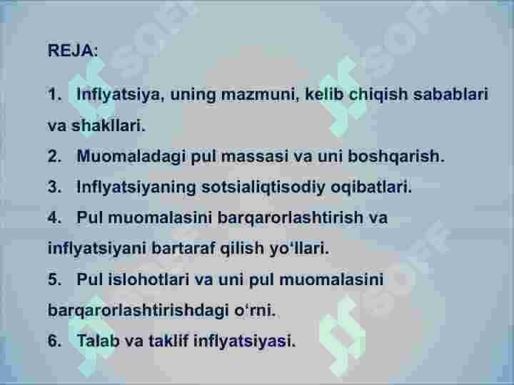 Inflyatsiya va uning turlari. Pulning barqarorligini ta’minlash yo‘llari 2