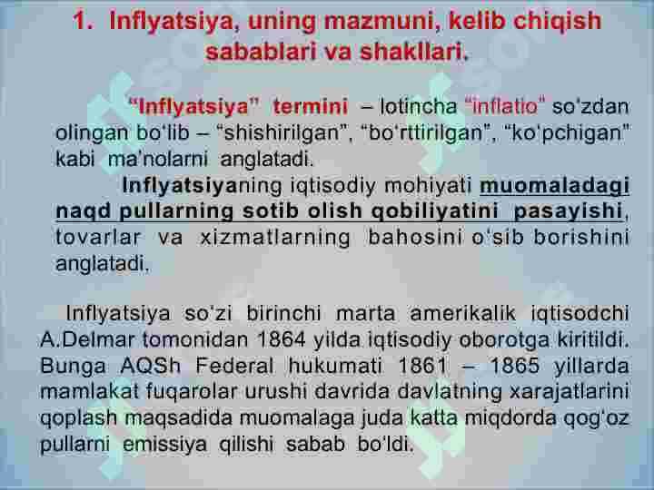 Inflyatsiya va uning turlari. Pulning barqarorligini ta’minlash yo‘llari 3