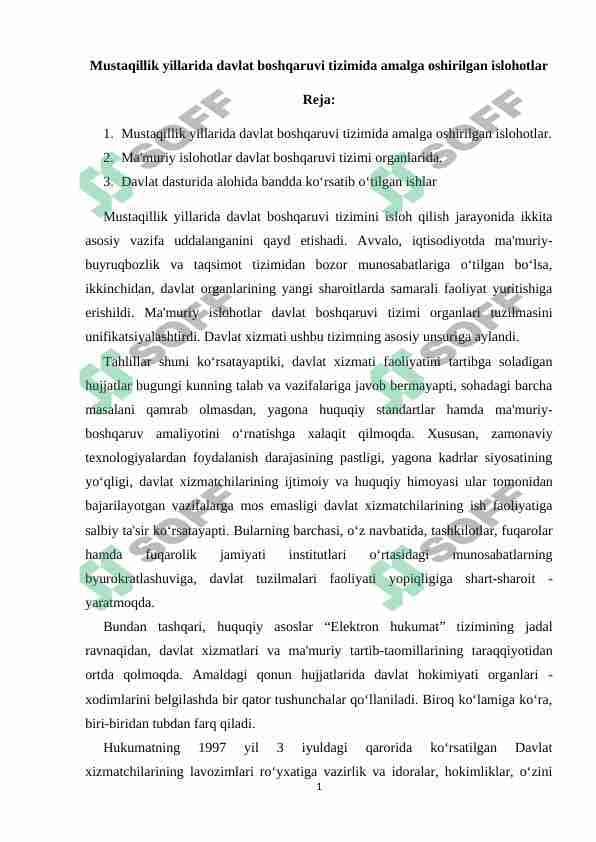 Mustaqillik yillarida davlat boshqaruvi tizimida amalga oshirilgan islohotlar 1