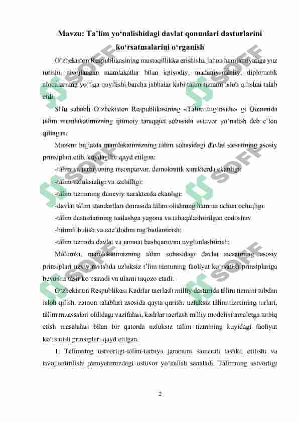 Taʼlim yoʻnalishidagi davlat qonunlari dasturlarini koʻrsatmalarini oʻrganish 2