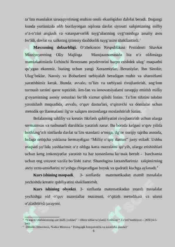 Boshlang‘ich 4-sinflarda matеmatikadan matnli masalalar yechishga o‘rgatish o‘quvchilar kreativ fikrlashlarini shakllantiruvchi omil sifatida 6