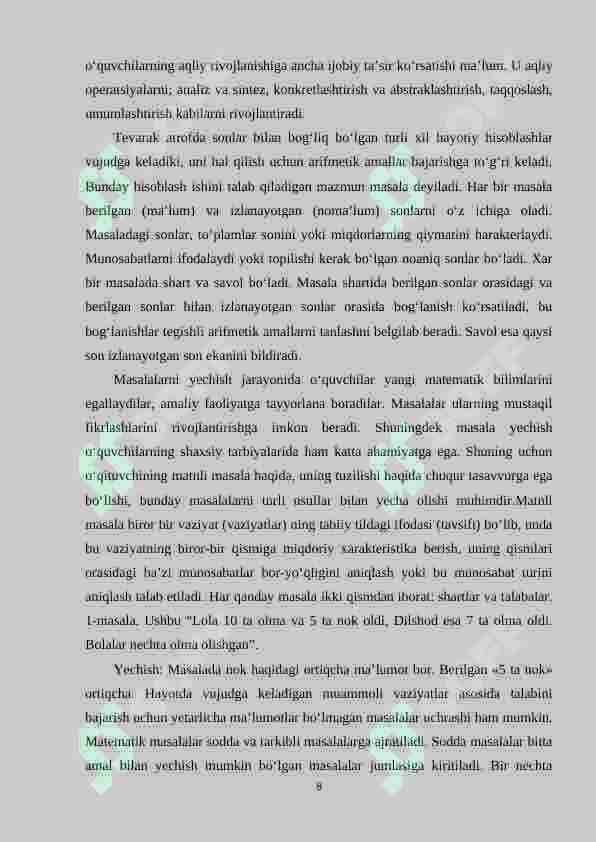 Uchinchi sinfda matematikadan sodda masalalar va ularni yechishga o`rgatish metodikasi 8