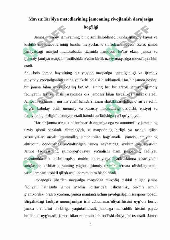 Tarbiya metodlarining jamoaning rivojlanish darajasiga bog’ligi