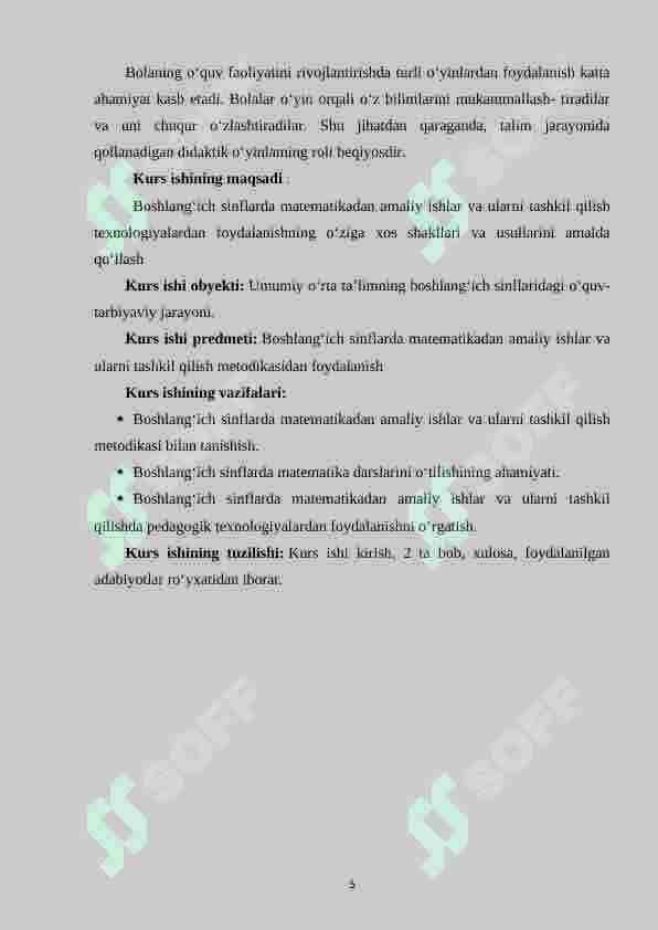 Boshlang‘ich sinflarda matematikadan amaliy ishlar va ularni tashkil qilish metodikasi.(3-sinf misolida) 5