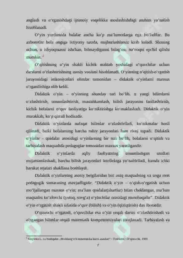 Matematik o‘yinlardan foydalanib maktabgacha ta’lim va boshlang‘ich ta’lim uzviyligini taminlashning nazariy asosi 7
