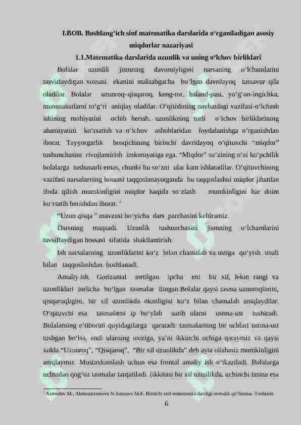 Uzunlik o`lchovlarining nazariy asosi va uni o`rganish metodikasi. (1-4 sinf misolida) 6
