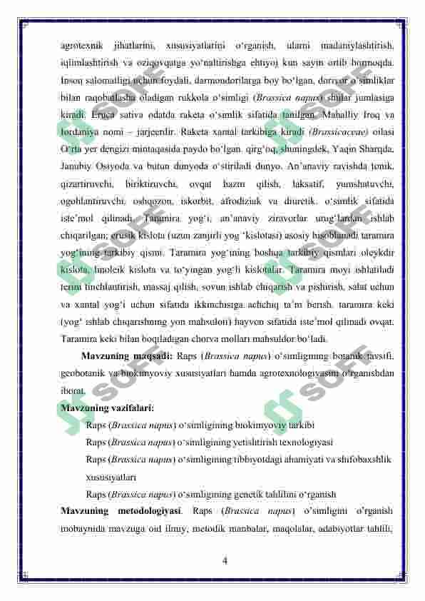 RAPS (BRASSICA NAPUS) O'SIMLIGINING DORIVORLIK XUSUSIYATLARI VA GENETIK TAHLILI 4