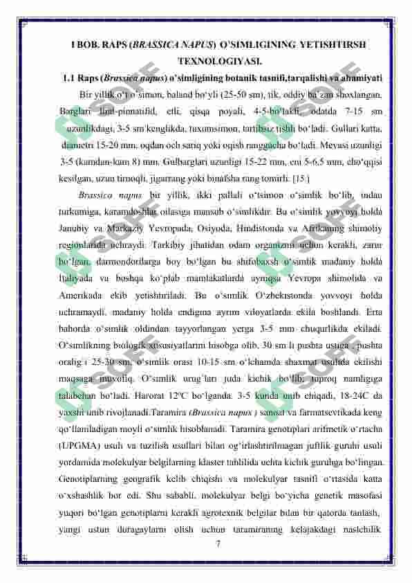 RAPS (BRASSICA NAPUS) O'SIMLIGINING DORIVORLIK XUSUSIYATLARI VA GENETIK TAHLILI 7