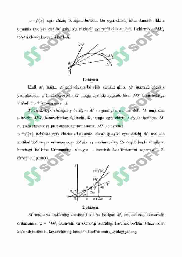 Funksiyaning hosilasi. Hosilaning geometrik, mexanik va iqtisodiy ma’nolari.  Differensiallash qoidalari. Murakkab funksiyaning hosilasi. Funksiyaning  differensiali. Yuqori tartibli hosilalar va differensiallar 3