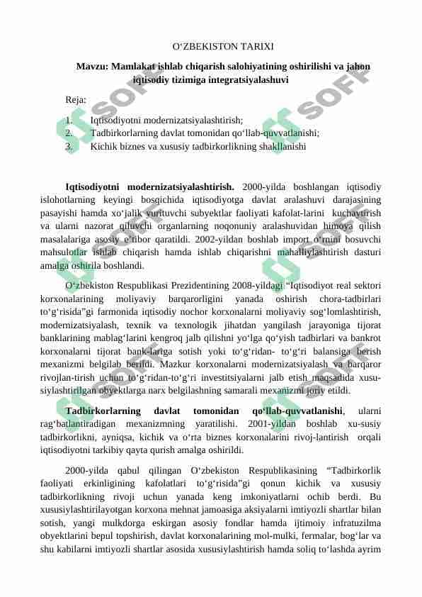 Mamlakat ishlab chiqarish salohiyatining oshirilishi va jahon iqtisodiy tizimiga integratsiyalashuvi