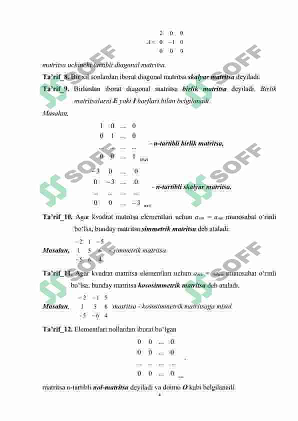 Matritsalar. Asosiy tushuncha va ta’riflar. Texnologik matritsa. Ishlab chiqarishning optimal rejalashtirish masalasi va boshqa iqtisodiy masalalarni modellashtirishda matritsaning o’rni.. 4