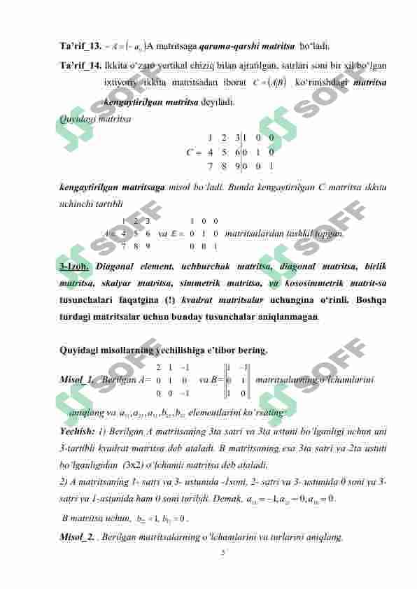 Matritsalar. Asosiy tushuncha va ta’riflar. Texnologik matritsa. Ishlab chiqarishning optimal rejalashtirish masalasi va boshqa iqtisodiy masalalarni modellashtirishda matritsaning o’rni.. 5