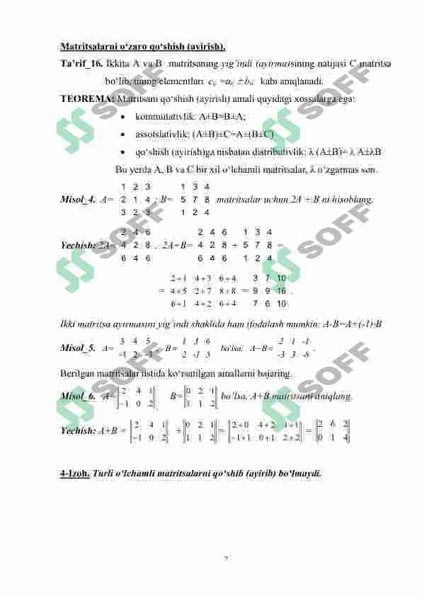 Matritsalar. Asosiy tushuncha va ta’riflar. Texnologik matritsa. Ishlab chiqarishning optimal rejalashtirish masalasi va boshqa iqtisodiy masalalarni modellashtirishda matritsaning o’rni.. 7