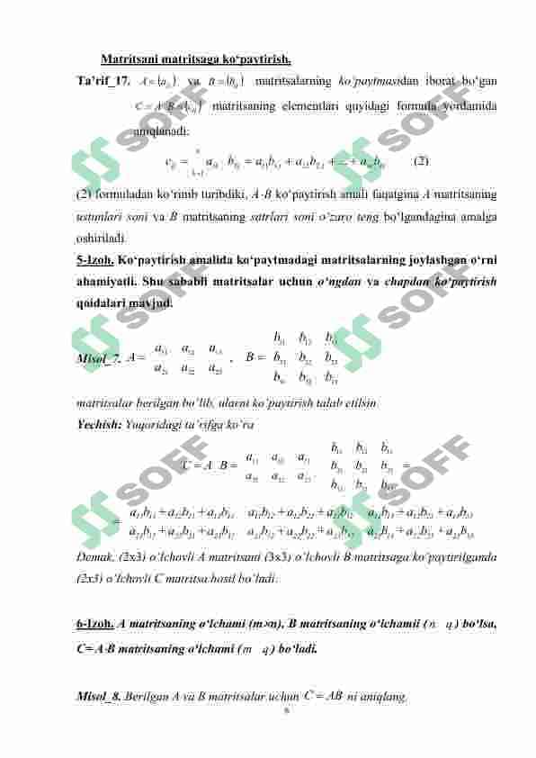 Matritsalar. Asosiy tushuncha va ta’riflar. Texnologik matritsa. Ishlab chiqarishning optimal rejalashtirish masalasi va boshqa iqtisodiy masalalarni modellashtirishda matritsaning o’rni.. 8